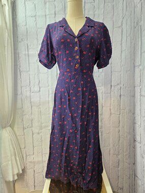 Simple Retro Medium Navy Floral Vintage-Style Button Front Puff Sleeve Tea Dress